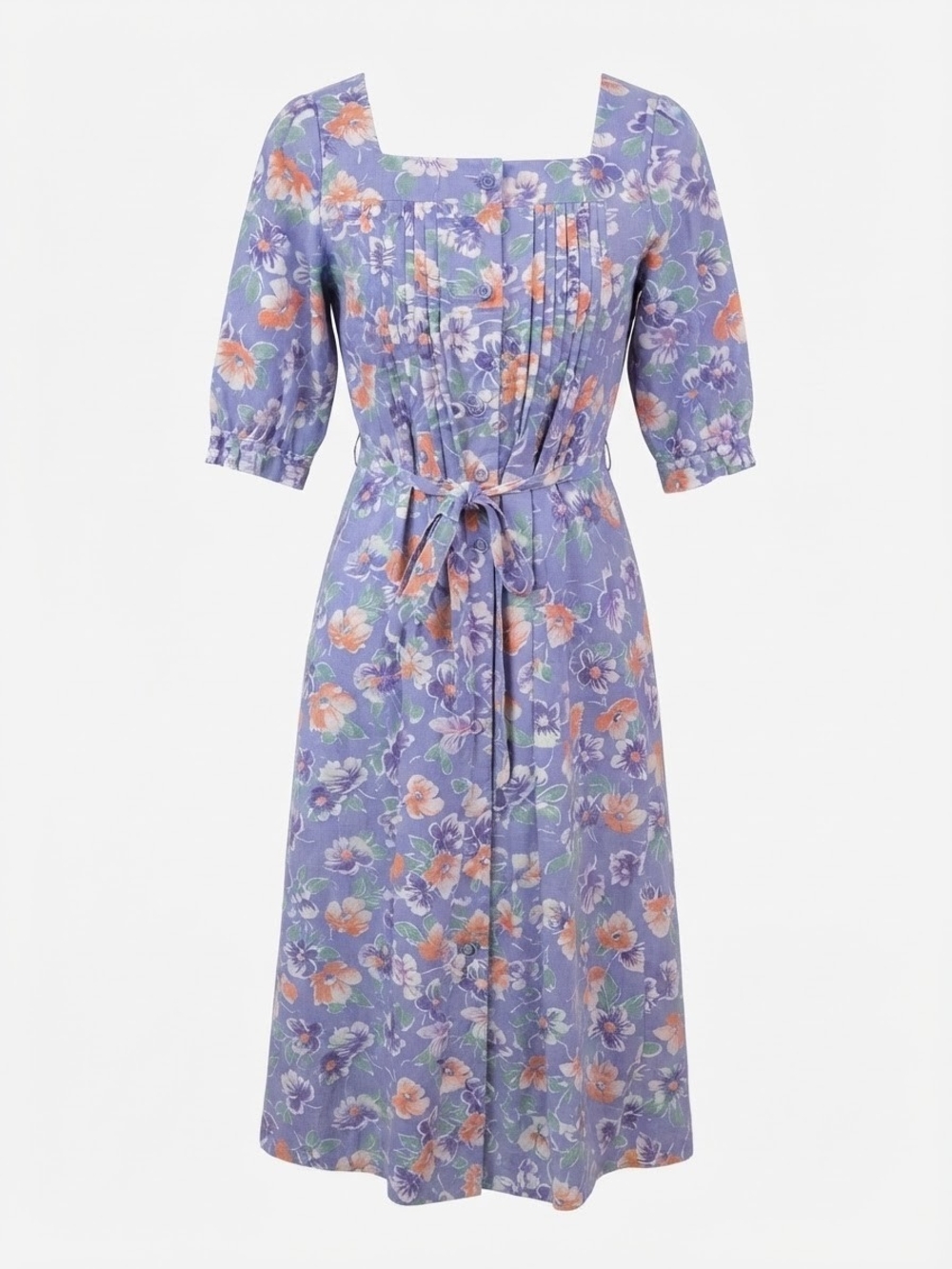 Vintage 1970's Albert Nipon Lavender Floral Square-Neck Midi  with Peach Accent
